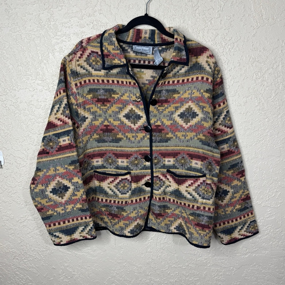 Vintage 90s Southwestern Tapestry Jacket Women's Size L Woven Aztec Tribal Boho